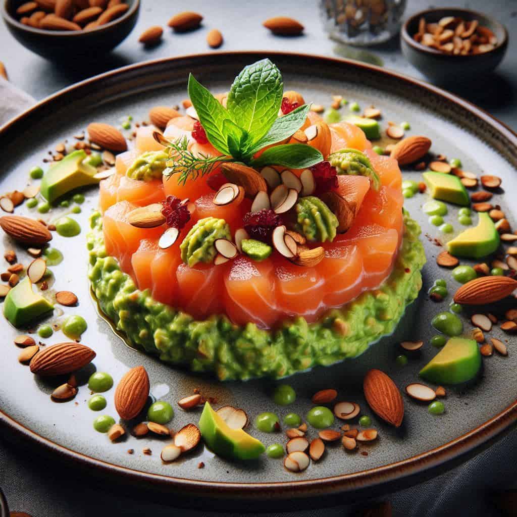 Tartare di salmone con crema di avocado e mandorle tostate