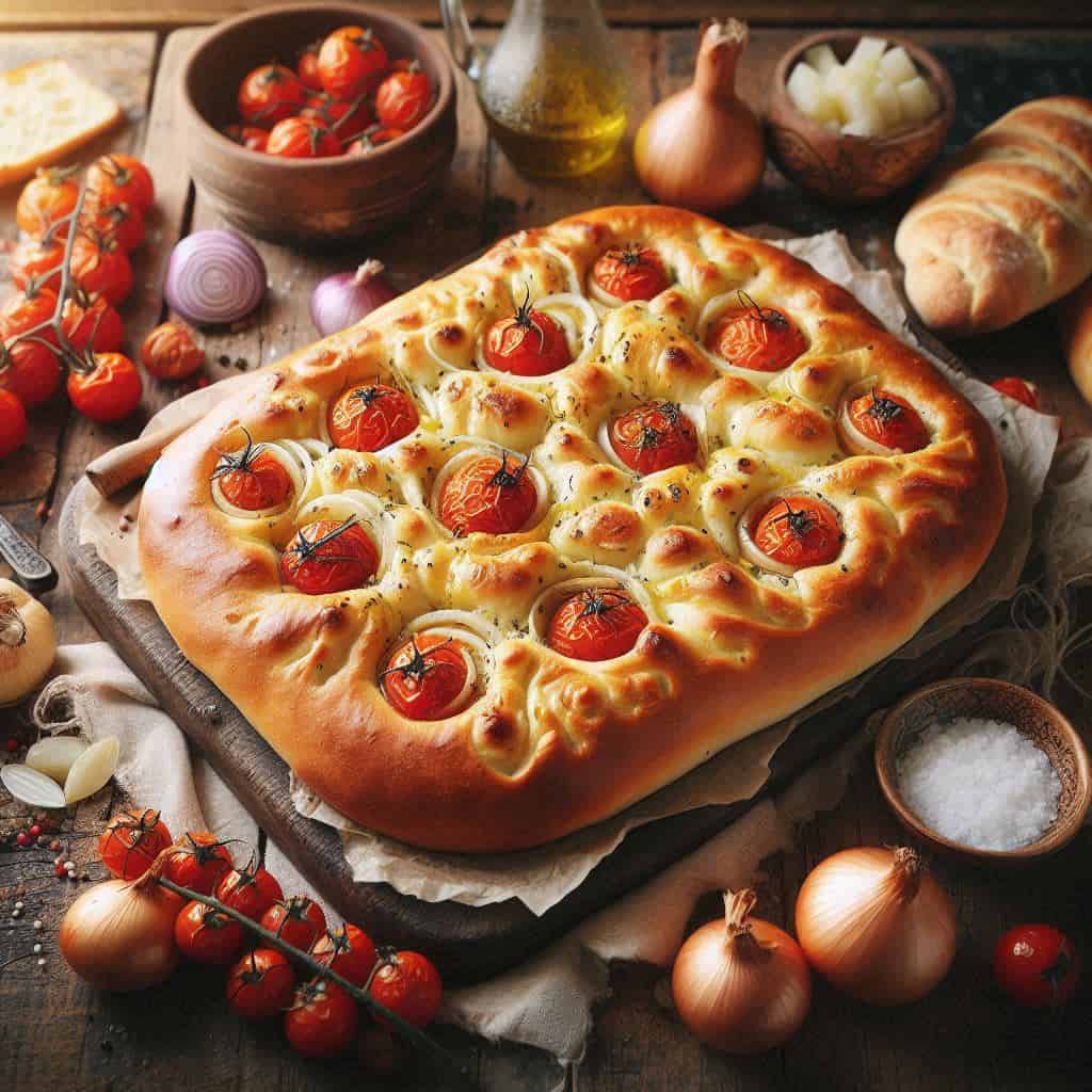 Focaccia farcita cipolle e pomodorini: Piacere rustico