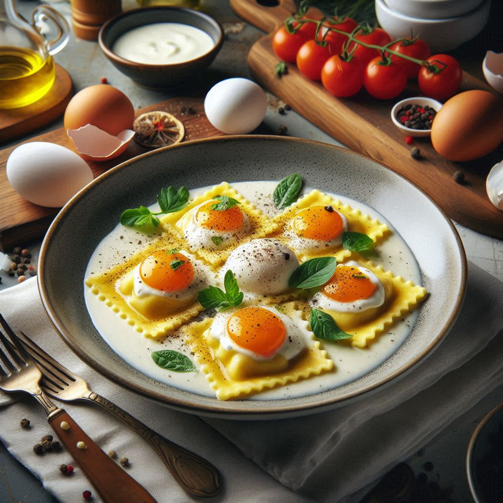 Ravioli alla crema di formaggio e uova un piatto da chef