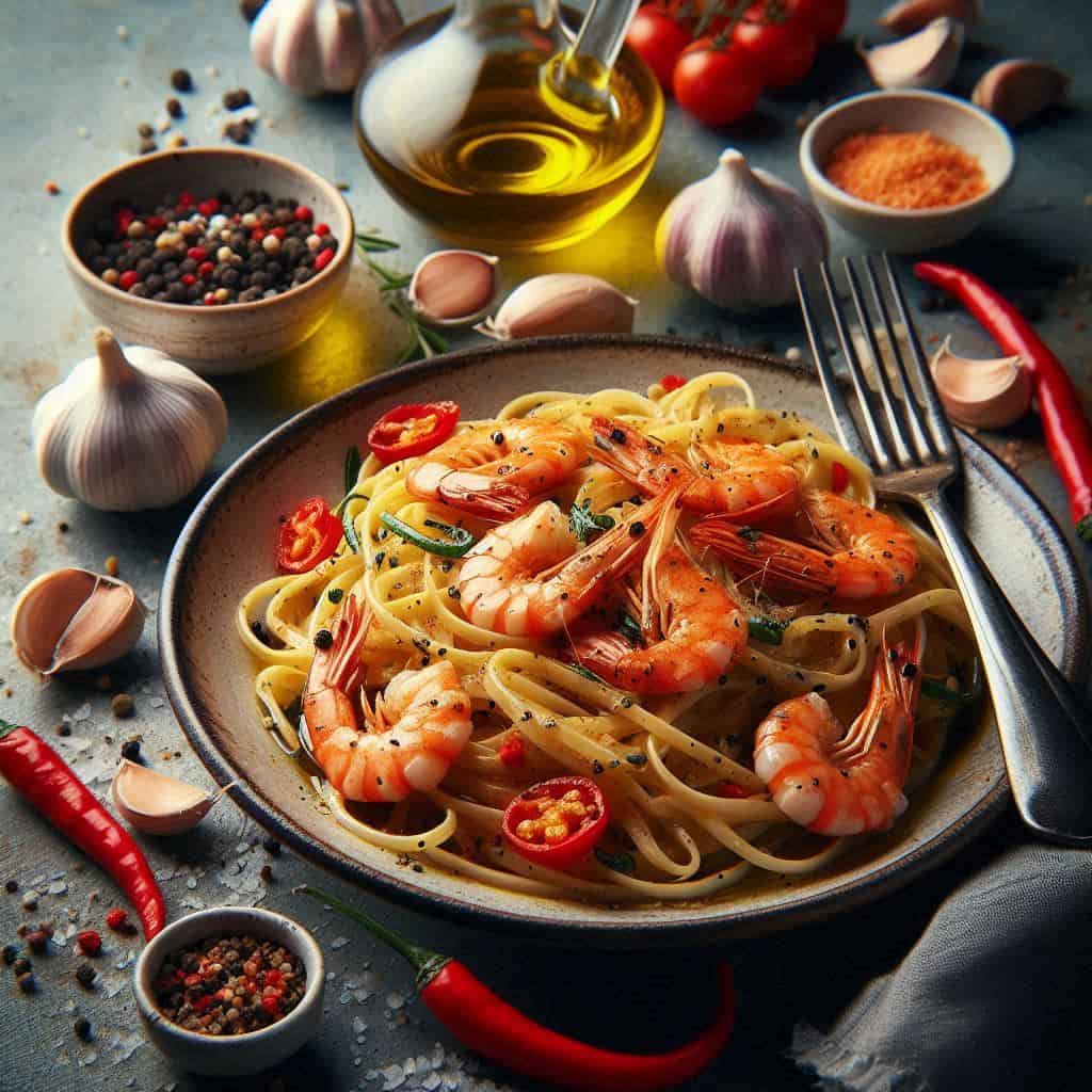 Linguine aglio olio e peperoncino e gamberi gourmet e stile