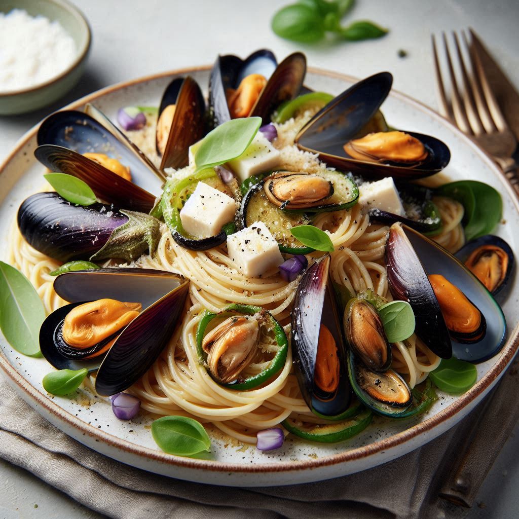 Spaghetti melanzane pecorino e cozze piatto di mare e terra