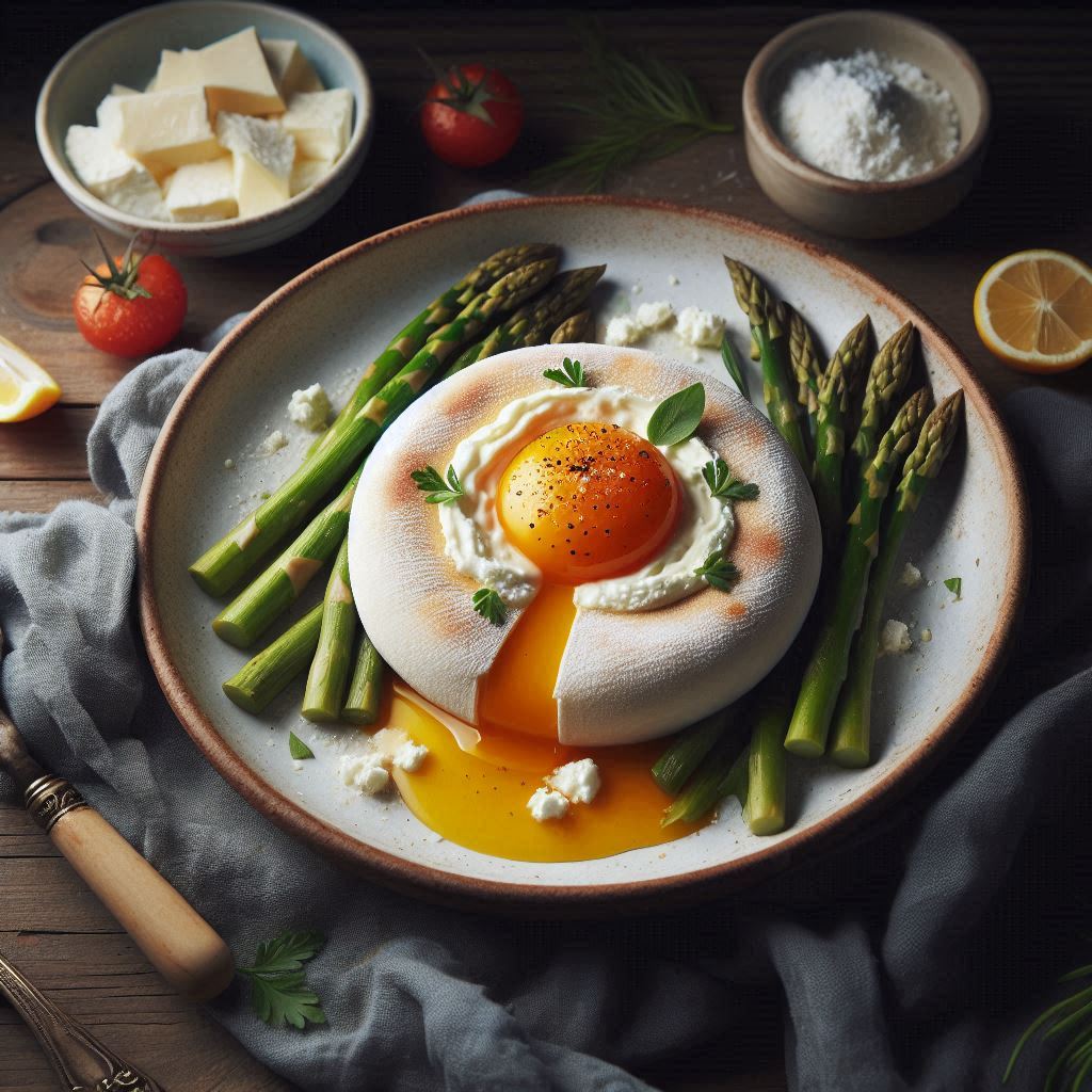 Raviolone al tuorlo fondente con ricotta e asparagi