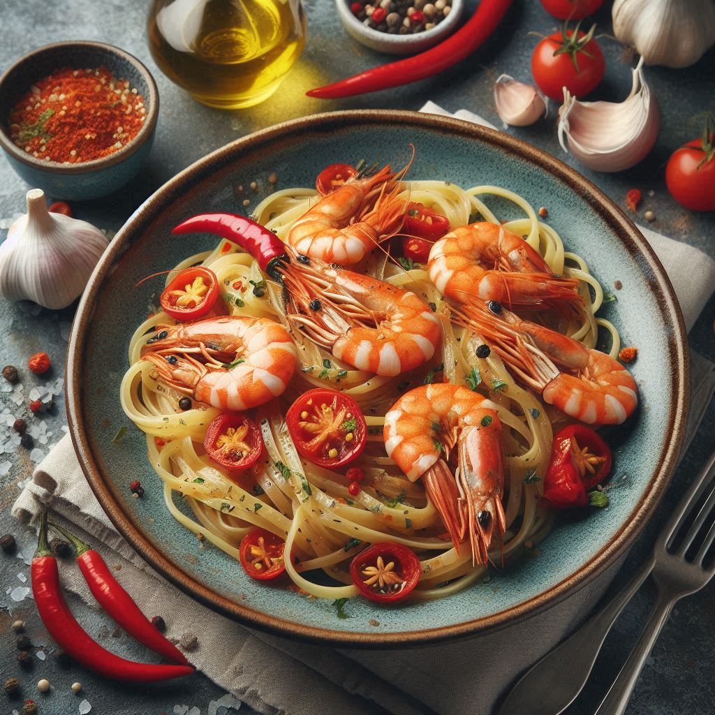 Linguine aglio, olio e peperoncino con gamberi sfiziose