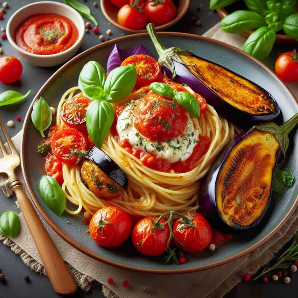 Spaghetti alla parmigiana con coulis di pomodoro sfiziosi